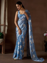 Women's Pure Silk Blue Printed Designer Saree With Blouse Piece
