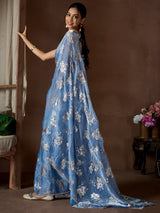 Women's Pure Silk Blue Printed Designer Saree With Blouse Piece