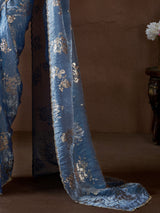 Women's Pure Silk Blue Printed Designer Saree With Blouse Piece