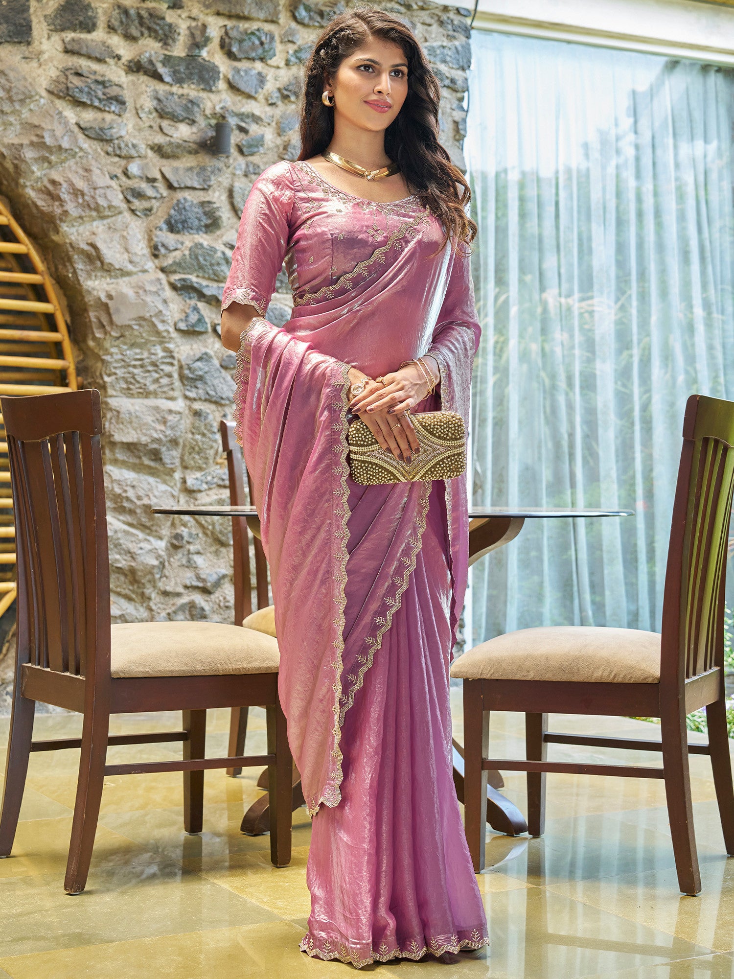 Women's Pure Chiffon Pink Embellished Designer Saree with Blouse Piece
