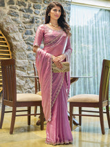 Women's Pure Chiffon Pink Embellished Designer Saree with Blouse Piece