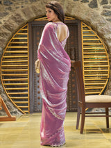 Women's Pure Chiffon Pink Embellished Designer Saree with Blouse Piece
