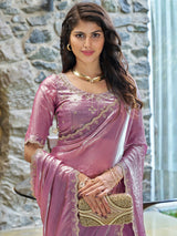 Women's Pure Chiffon Pink Embellished Designer Saree with Blouse Piece