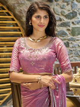 Women's Pure Chiffon Pink Embellished Designer Saree with Blouse Piece