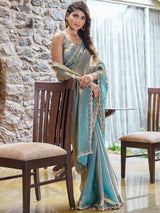 Women's Pure Chiffon Blue Embellished Designer Saree with Blouse Piece