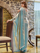 Women's Pure Chiffon Blue Embellished Designer Saree with Blouse Piece