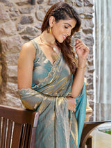 Women's Pure Chiffon Blue Embellished Designer Saree with Blouse Piece