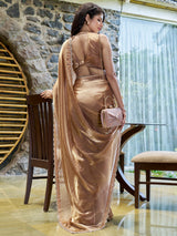 Women's Pure Chiffon Bronze Embellished Designer Saree With Blouse Piece