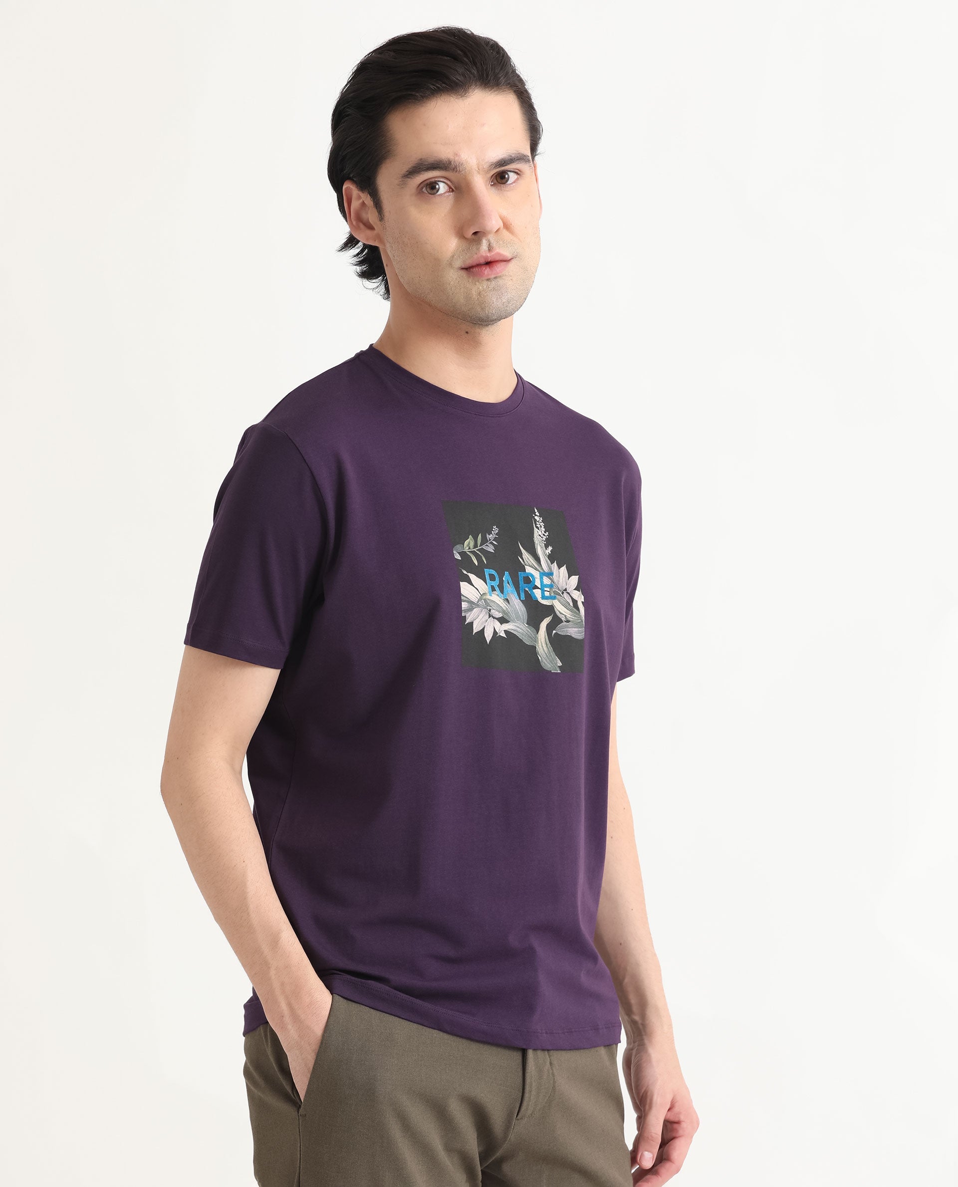 Men's Purple Casual Slim Fit Printed Half Sleeves Tshirt