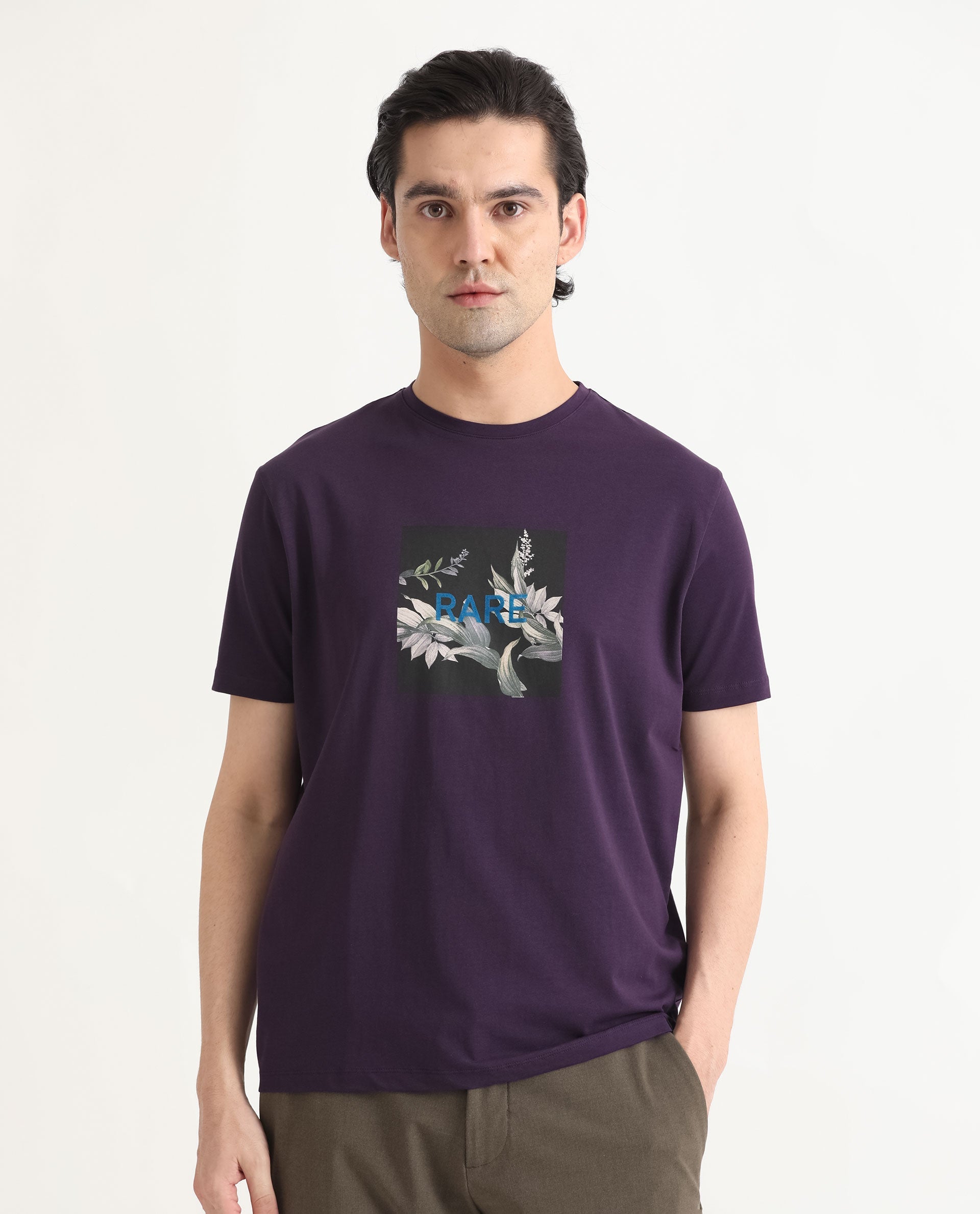 Men's Purple Casual Slim Fit Printed Half Sleeves Tshirt