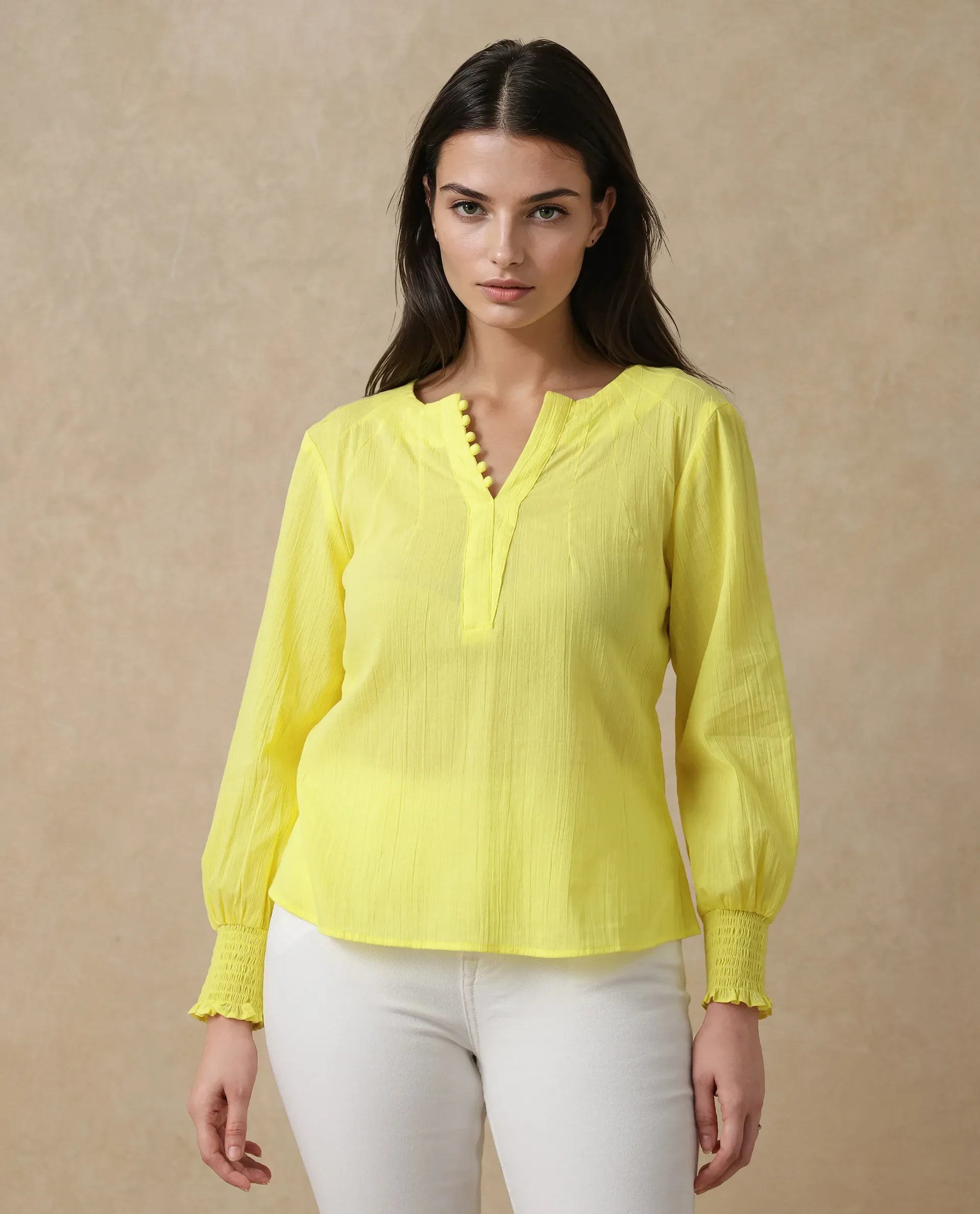Women's Yellow Casual Full Sleeves Top