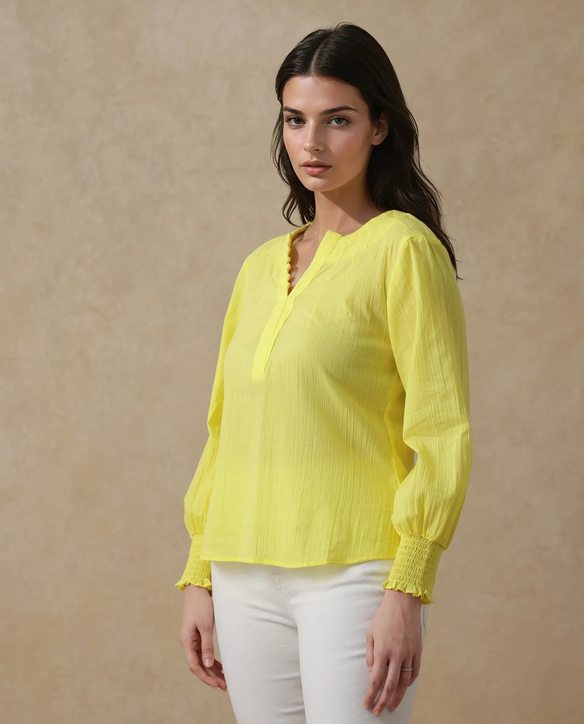 Women's Yellow Casual Full Sleeves Top