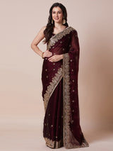 Women's Organza Maroon Embroidered Designer Saree With Blouse Piece