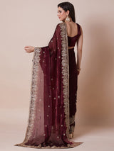 Women's Organza Maroon Embroidered Designer Saree With Blouse Piece