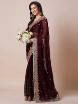 Women's Organza Maroon Embroidered Designer Saree With Blouse Piece