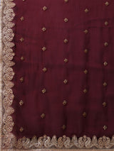 Women's Organza Maroon Embroidered Designer Saree With Blouse Piece
