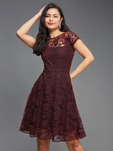 Women's Red Round Neck Cap Sleeves Lace Knee-Long Skater Dress