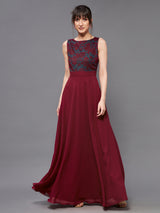 Women's Red Boat Neck Sleeveless Self Design Lace Overlaid Maxi Dress
