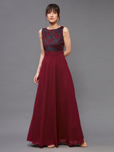 Women's Red Boat Neck Sleeveless Self Design Lace Overlaid Maxi Dress