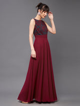 Women's Red Boat Neck Sleeveless Self Design Lace Overlaid Maxi Dress