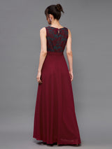 Women's Red Boat Neck Sleeveless Self Design Lace Overlaid Maxi Dress