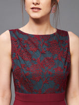 Women's Red Boat Neck Sleeveless Self Design Lace Overlaid Maxi Dress