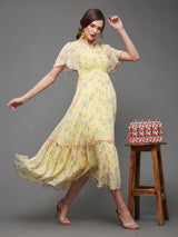 Women's Yellow Flared Sleeve Floral Wrap Maxi Dress