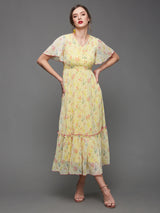 Women's Yellow Flared Sleeve Floral Wrap Maxi Dress