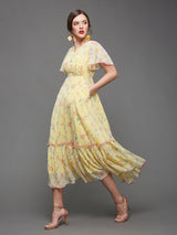 Women's Yellow Flared Sleeve Floral Wrap Maxi Dress