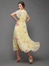 Women's Yellow Flared Sleeve Floral Wrap Maxi Dress
