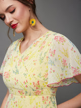 Women's Yellow Flared Sleeve Floral Wrap Maxi Dress