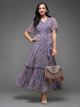 Women's Multicolor Purple Flared Sleeve Floral Wrap Chiffon Maxi Dress