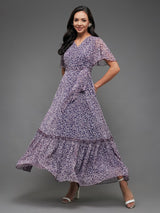Women's Multicolor Purple Flared Sleeve Floral Wrap Chiffon Maxi Dress
