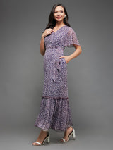 Women's Multicolor Purple Flared Sleeve Floral Wrap Chiffon Maxi Dress
