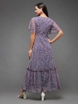 Women's Multicolor Purple Flared Sleeve Floral Wrap Chiffon Maxi Dress