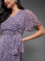 Women's Multicolor Purple Flared Sleeve Floral Wrap Chiffon Maxi Dress