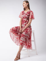 Women's Multicolor Maroon Flared Sleeve Maxi Dress