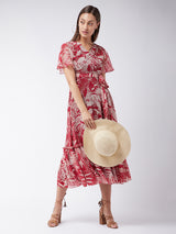 Women's Multicolor Maroon Flared Sleeve Maxi Dress