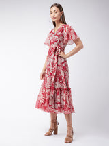 Women's Multicolor Maroon Flared Sleeve Maxi Dress
