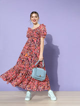 Women's Multicolor Wine Puff Sleeve Floral Ruching Ankle Dress