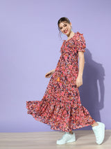 Women's Multicolor Wine Puff Sleeve Floral Ruching Ankle Dress