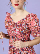 Women's Multicolor Wine Puff Sleeve Floral Ruching Ankle Dress
