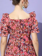 Women's Multicolor Wine Puff Sleeve Floral Ruching Ankle Dress