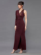 Women's Red Asymmetric Sleeve Embellished Blazer Maxi Dress