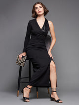 Women's Black Solid Asymmetric Sequined Maxi Dress