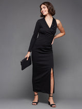 Women's Black Solid Asymmetric Sequined Maxi Dress