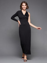 Women's Black Solid Asymmetric Sequined Maxi Dress