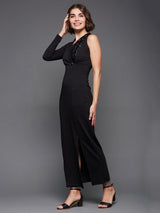 Women's Black Solid Asymmetric Sequined Maxi Dress