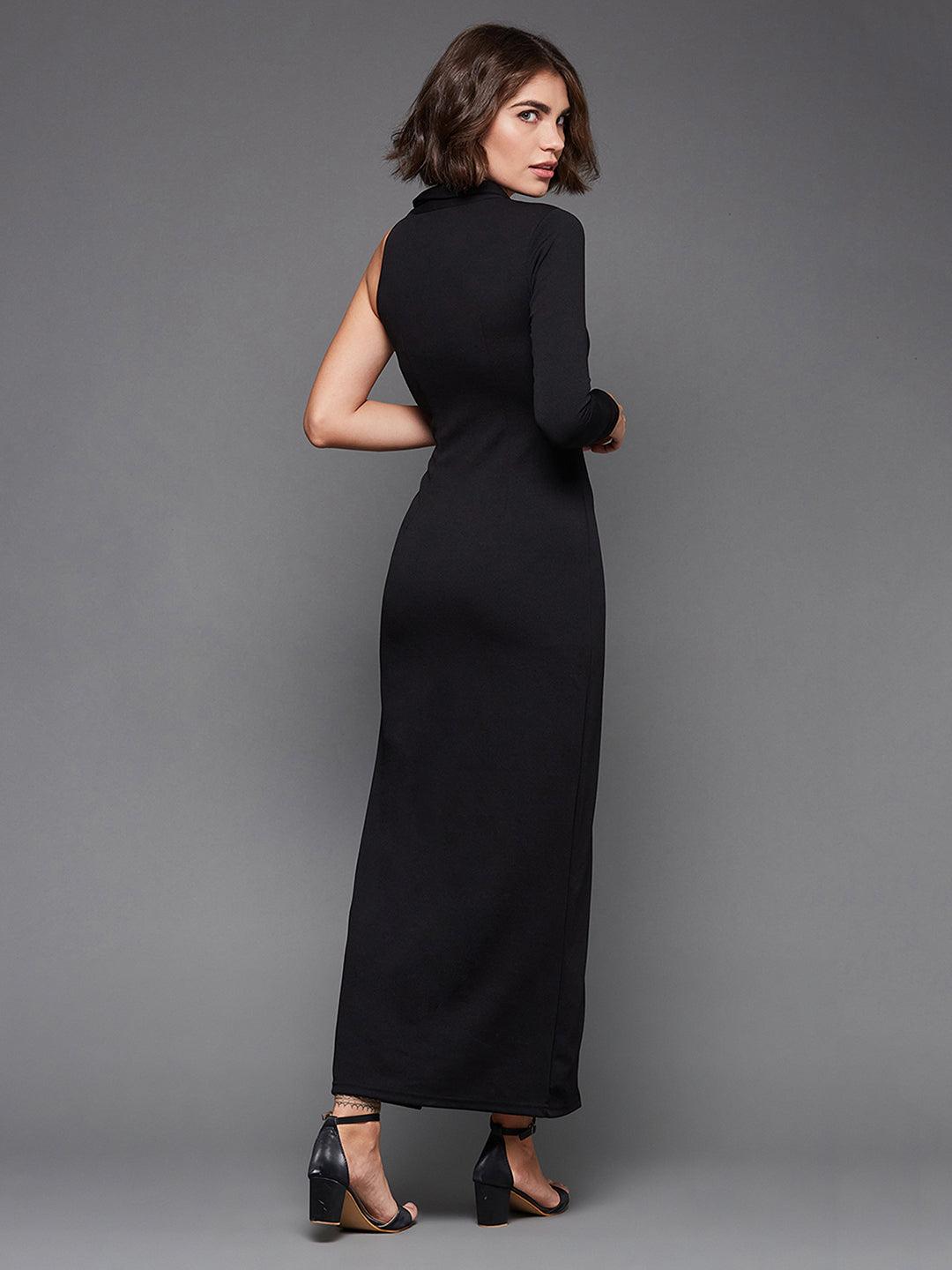 Women's Black Solid Asymmetric Sequined Maxi Dress