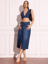 Women's Blue High-Rise Denim Midi Skirt